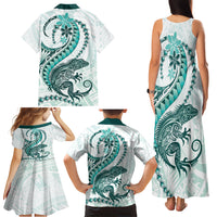 Teal Maori Tuatara Family Matching Tank Maxi Dress and Hawaiian Shirt Luxury Pastel Pattern
