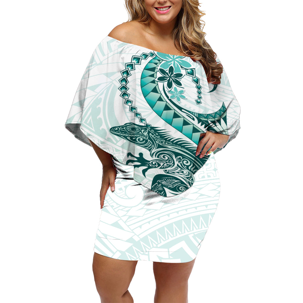 Teal Maori Tuatara Off Shoulder Short Dress Luxury Pastel Pattern