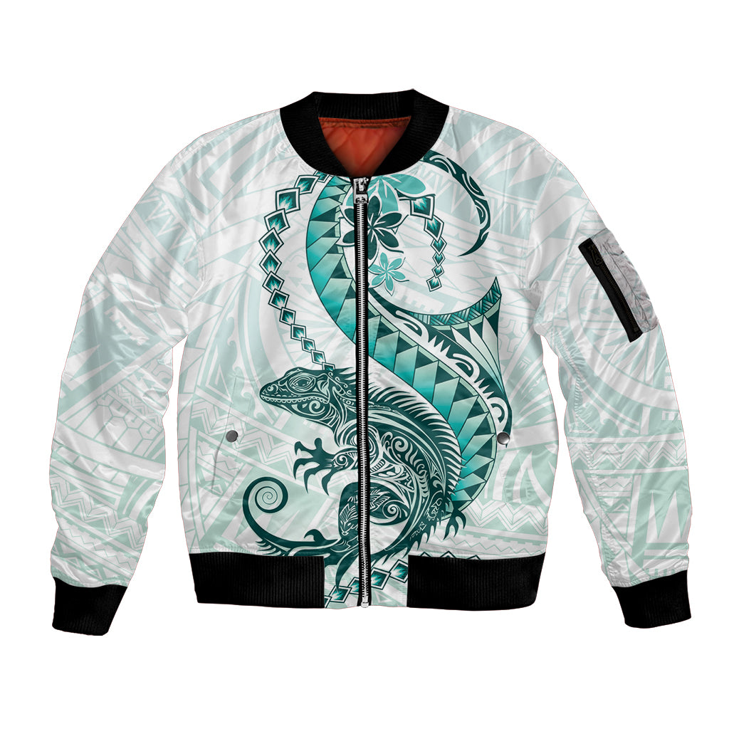 Teal Maori Tuatara Sleeve Zip Bomber Jacket Luxury Pastel Pattern LT01 Unisex Teal - Polynesian Pride
