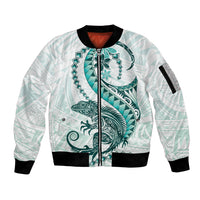 Teal Maori Tuatara Sleeve Zip Bomber Jacket Luxury Pastel Pattern LT01 Unisex Teal - Polynesian Pride