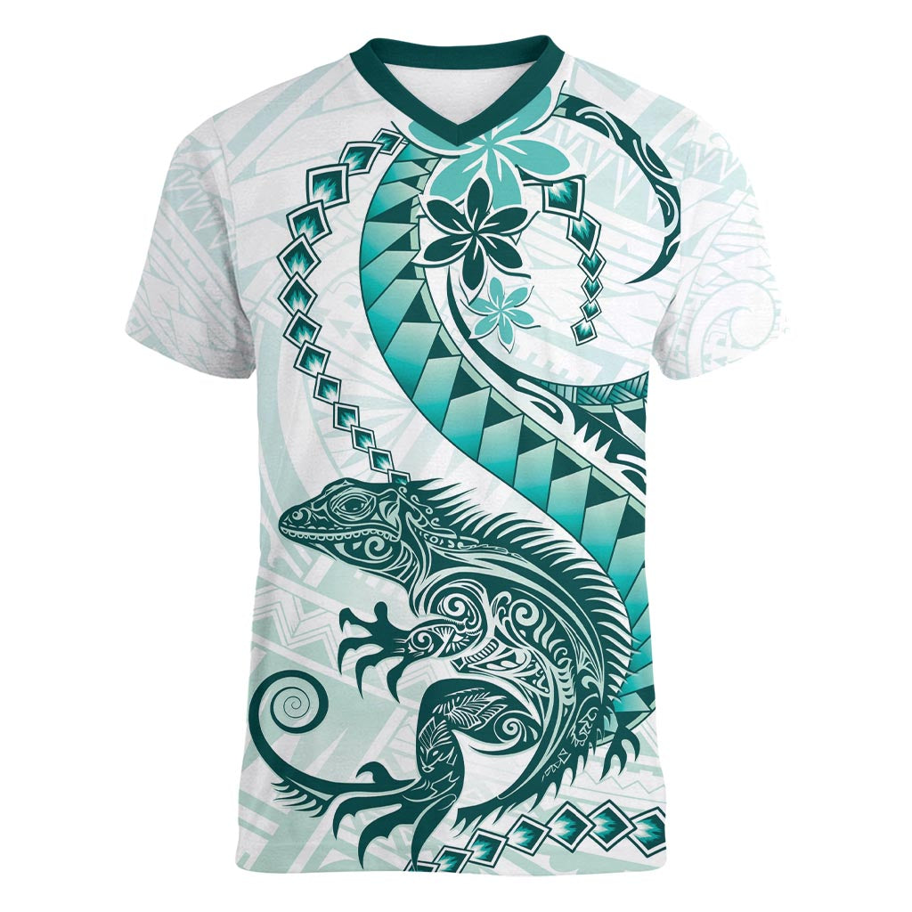 Teal Maori Tuatara Women V-Neck T-Shirt Luxury Pastel Pattern