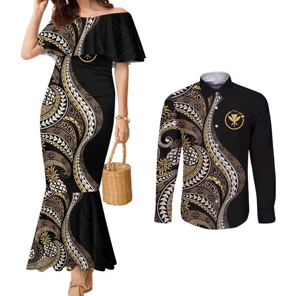 Hawaii Pineapple Brown Tribal Pattern Couples Matching Mermaid Dress and Long Sleeve Button Shirt - Polynesian Pride