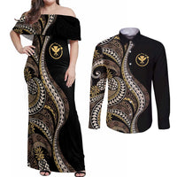 Hawaii Pineapple Brown Tribal Pattern Couples Matching Off Shoulder Maxi Dress and Long Sleeve Button Shirt LT01 Brown - Polynesian Pride