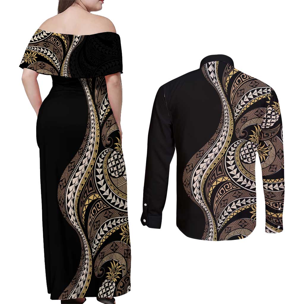 Hawaii Pineapple Brown Tribal Pattern Couples Matching Off Shoulder Maxi Dress and Long Sleeve Button Shirt LT01 - Polynesian Pride