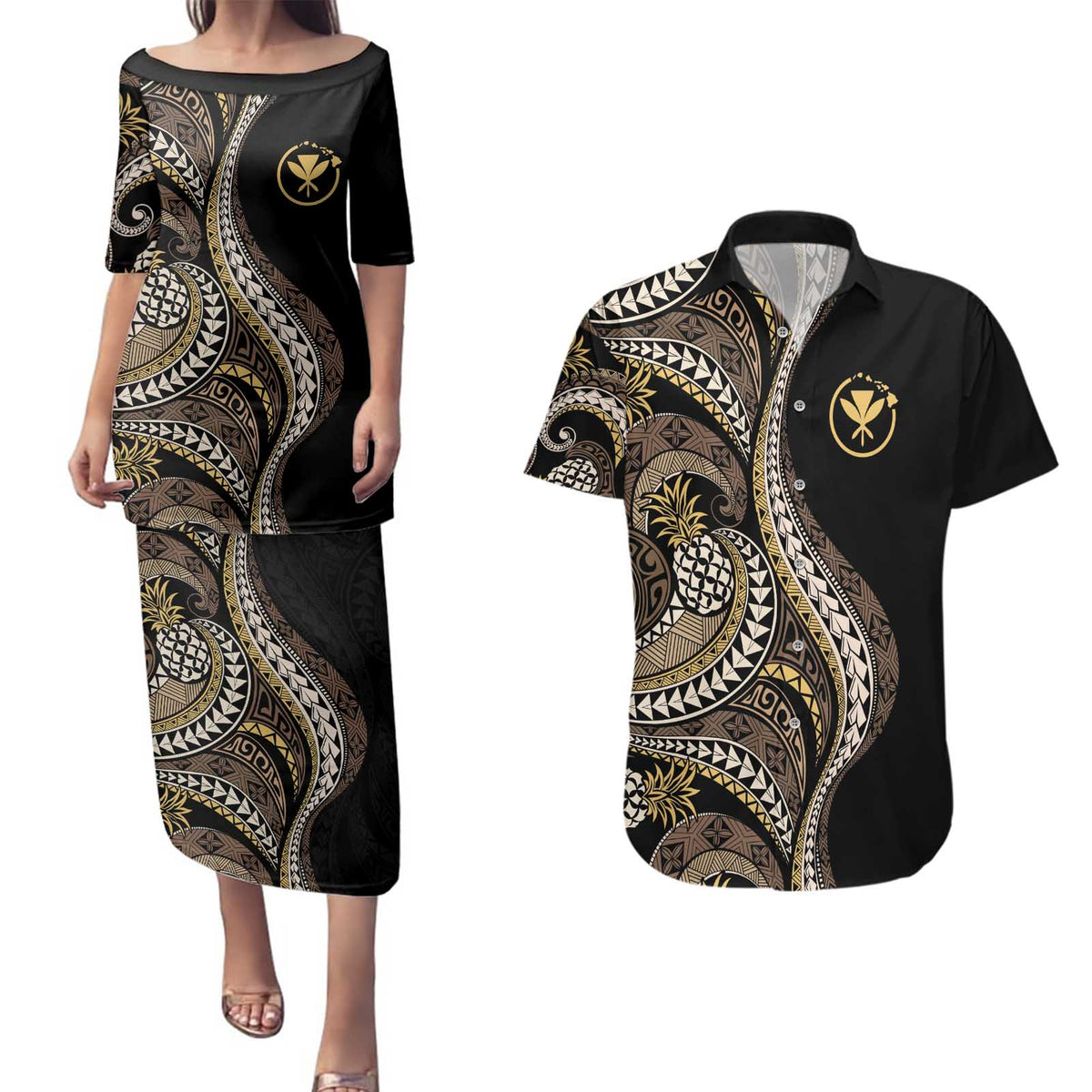 Hawaii Pineapple Brown Tribal Pattern Couples Matching Puletasi and Hawaiian Shirt - Polynesian Pride