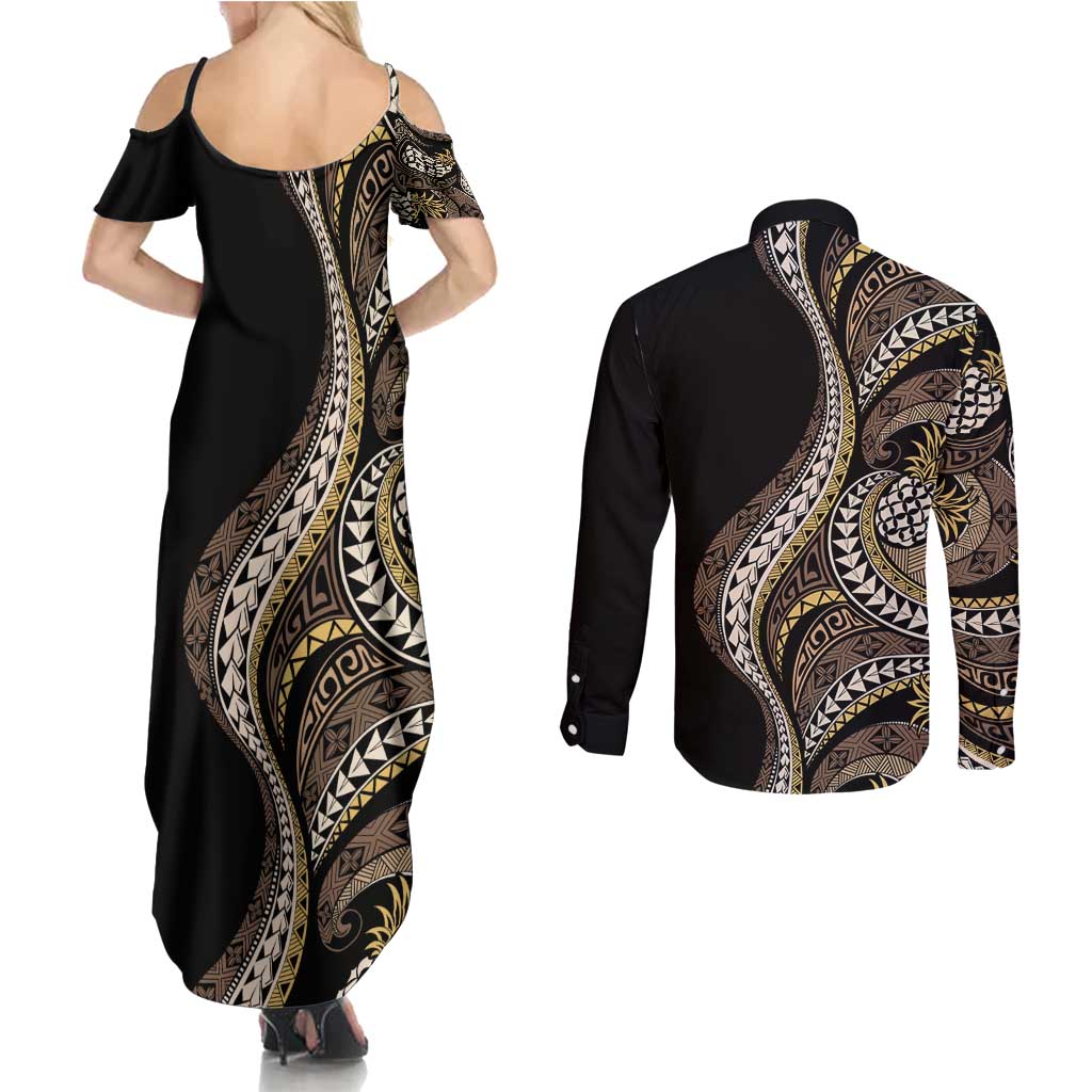 Hawaii Pineapple Brown Tribal Pattern Couples Matching Summer Maxi Dress and Long Sleeve Button Shirt LT01 - Polynesian Pride
