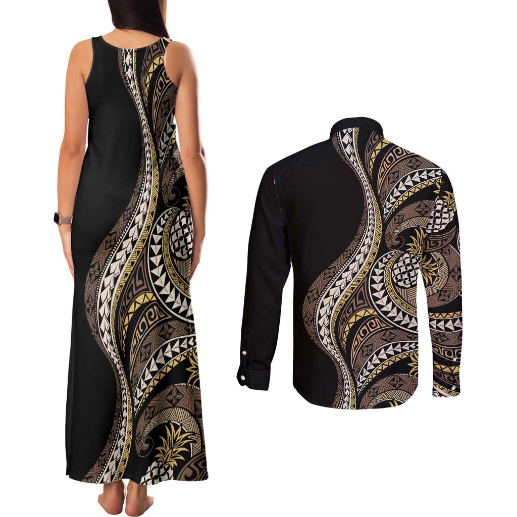 Hawaii Pineapple Brown Tribal Pattern Couples Matching Tank Maxi Dress and Long Sleeve Button Shirt - Polynesian Pride
