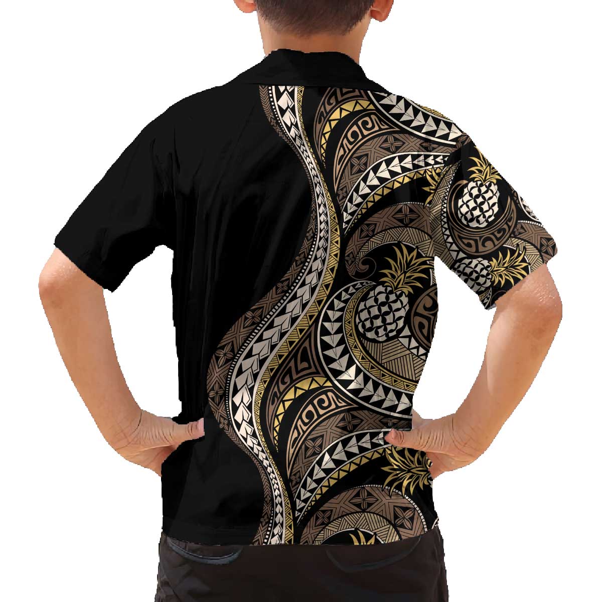 Hawaii Pineapple Brown Tribal Pattern Family Matching Off The Shoulder Long Sleeve Dress and Hawaiian Shirt - Polynesian Pride