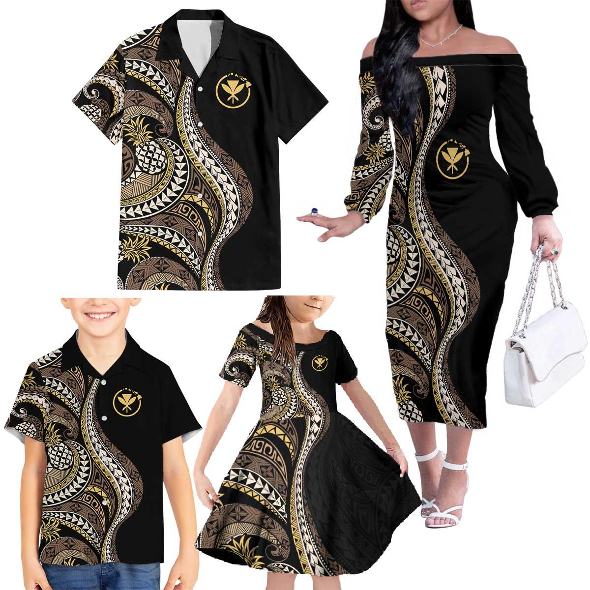 Hawaii Pineapple Brown Tribal Pattern Family Matching Off The Shoulder Long Sleeve Dress and Hawaiian Shirt - Polynesian Pride