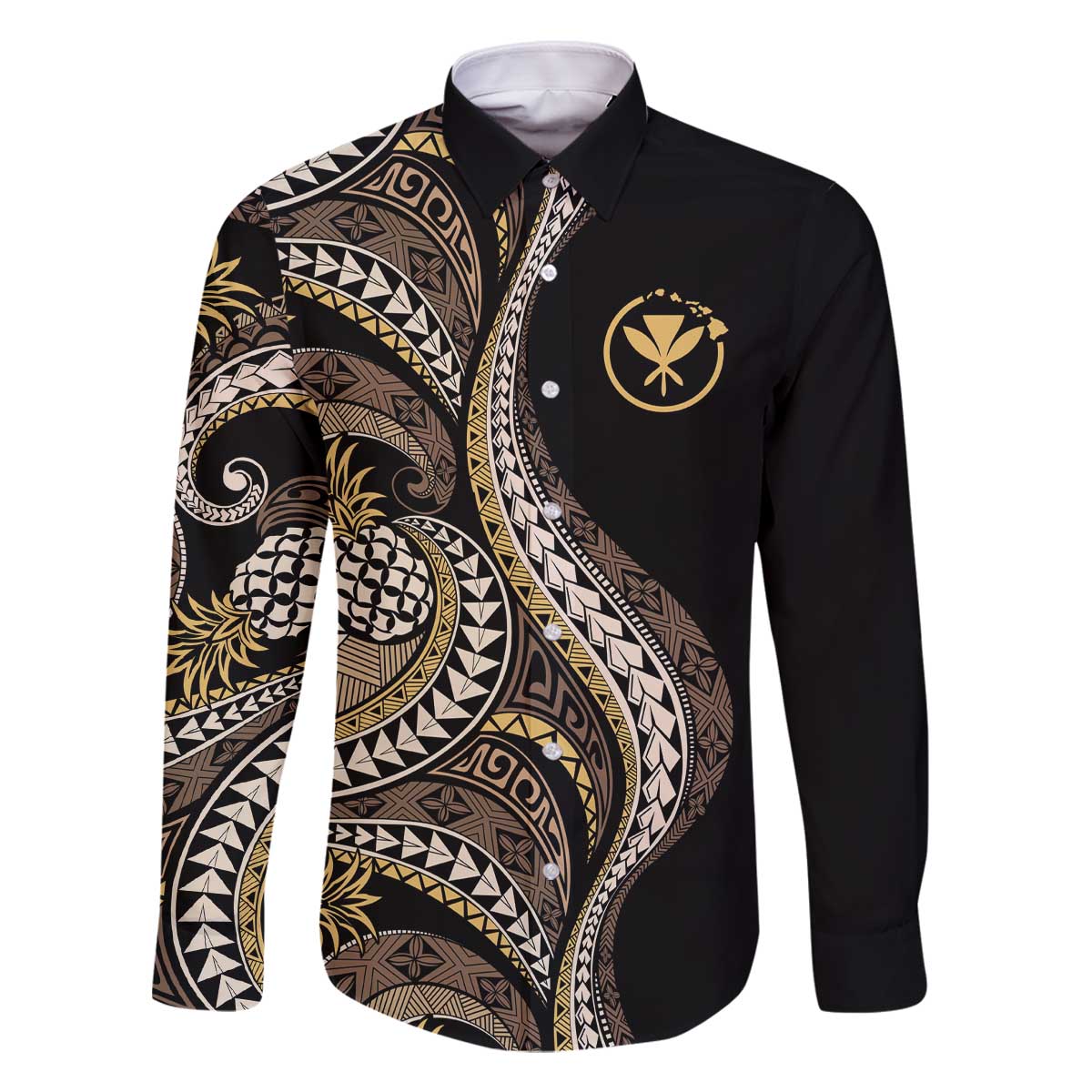 Hawaii Pineapple Brown Tribal Pattern Family Matching Off The Shoulder Long Sleeve Dress and Hawaiian Shirt - Polynesian Pride