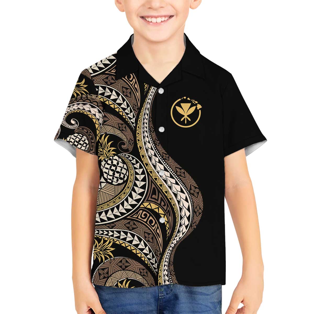 Hawaii Pineapple Brown Tribal Pattern Family Matching Off The Shoulder Long Sleeve Dress and Hawaiian Shirt - Polynesian Pride