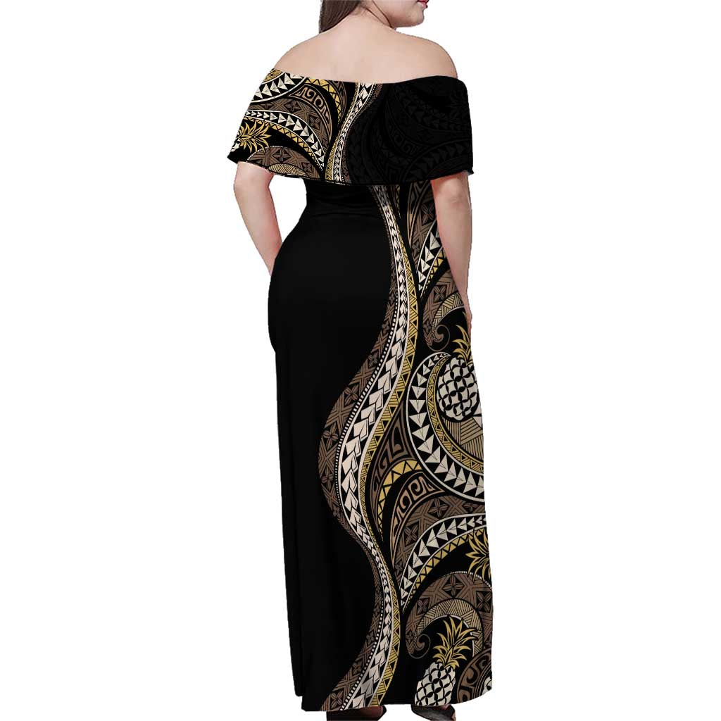 Hawaii Pineapple Brown Tribal Pattern Family Matching Off Shoulder Maxi Dress and Hawaiian Shirt - Polynesian Pride