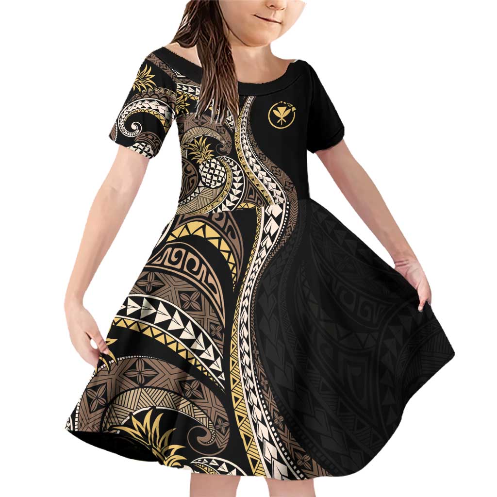 Hawaii Pineapple Brown Tribal Pattern Family Matching Off Shoulder Short Dress and Hawaiian Shirt LT01 Daughter's Dress Brown - Polynesian Pride
