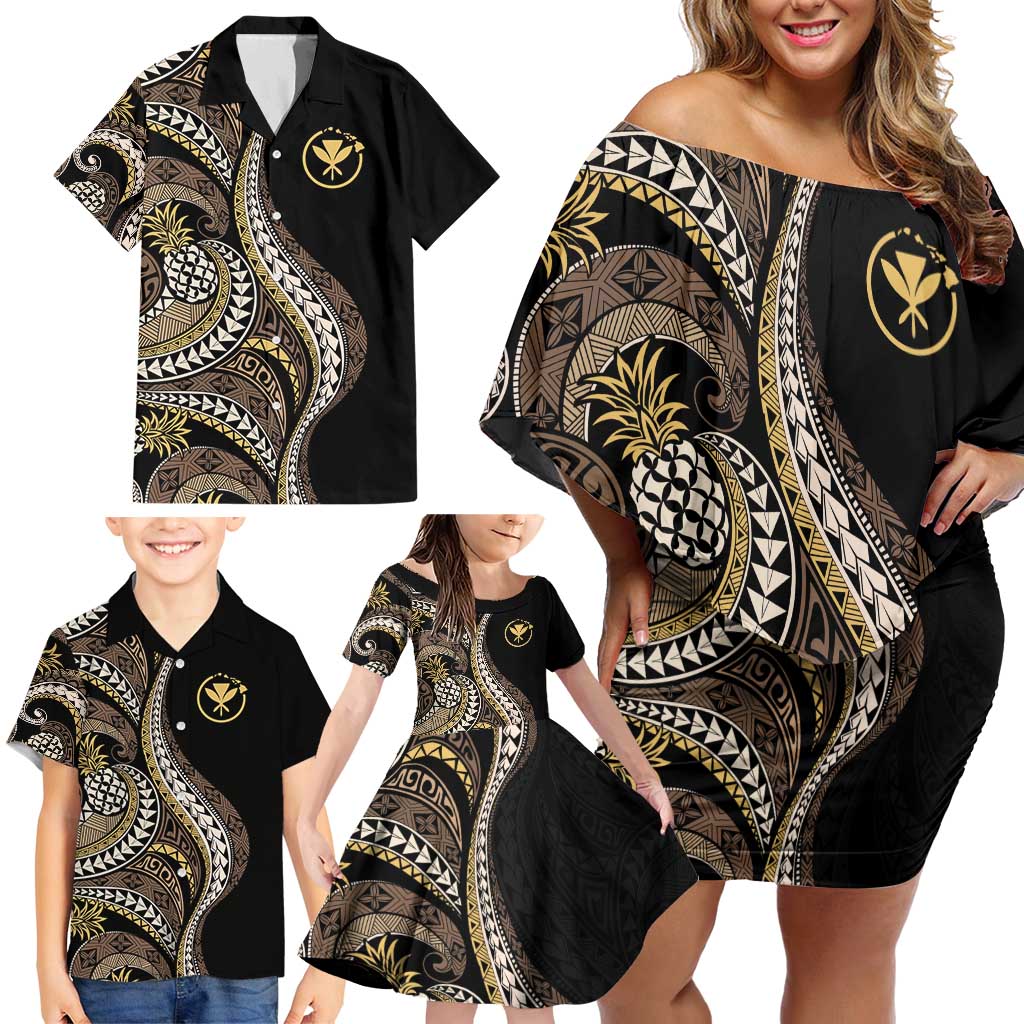 Hawaii Pineapple Brown Tribal Pattern Family Matching Off Shoulder Short Dress and Hawaiian Shirt LT01 - Polynesian Pride