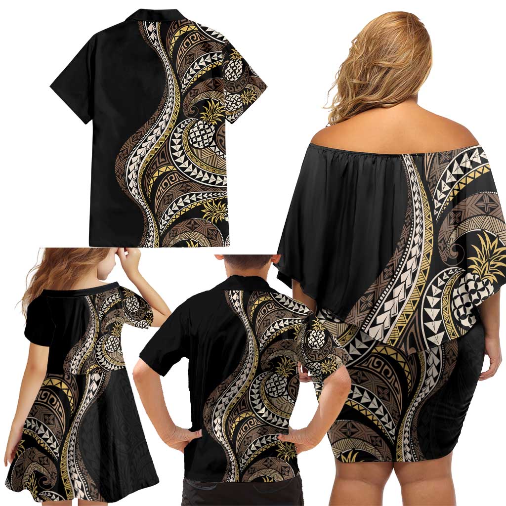 Hawaii Pineapple Brown Tribal Pattern Family Matching Off Shoulder Short Dress and Hawaiian Shirt LT01 - Polynesian Pride