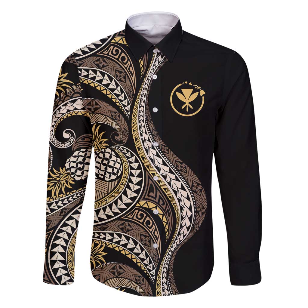 Hawaii Pineapple Brown Tribal Pattern Family Matching Off Shoulder Short Dress and Hawaiian Shirt LT01 Dad's Shirt - Long Sleeve Brown - Polynesian Pride