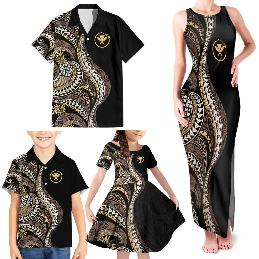 Hawaii Pineapple Brown Tribal Pattern Family Matching Tank Maxi Dress and Hawaiian Shirt - Polynesian Pride