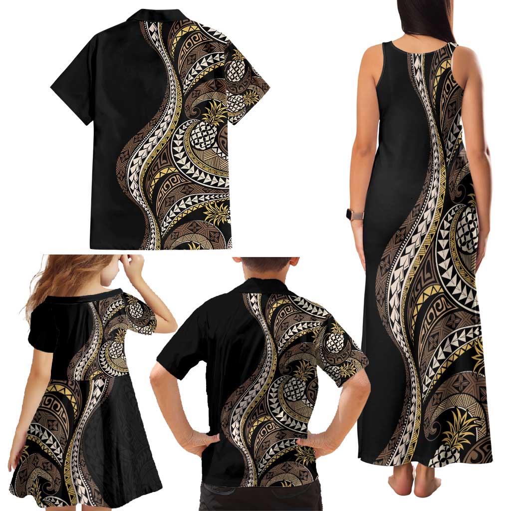 Hawaii Pineapple Brown Tribal Pattern Family Matching Tank Maxi Dress and Hawaiian Shirt - Polynesian Pride