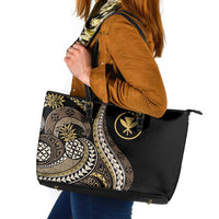 Hawaii Pineapple Brown Tribal Pattern Leather Tote Bag - Polynesian Pride
