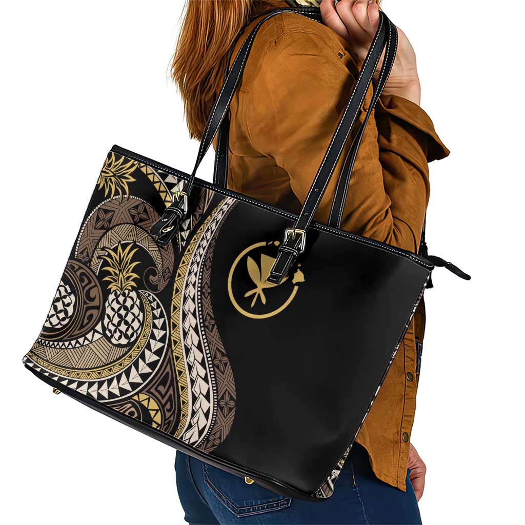 Hawaii Pineapple Brown Tribal Pattern Leather Tote Bag - Polynesian Pride