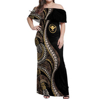 Hawaii Pineapple Brown Tribal Pattern Off Shoulder Maxi Dress - Polynesian Pride