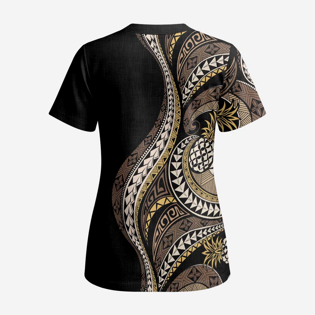 Hawaii Pineapple Brown Tribal Pattern Scrub Top LT01 - Polynesian Pride