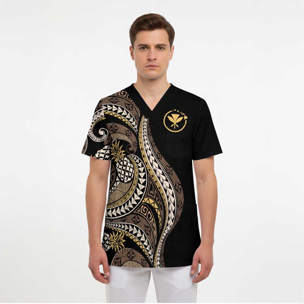 Hawaii Pineapple Brown Tribal Pattern Scrub Top LT01 - Polynesian Pride
