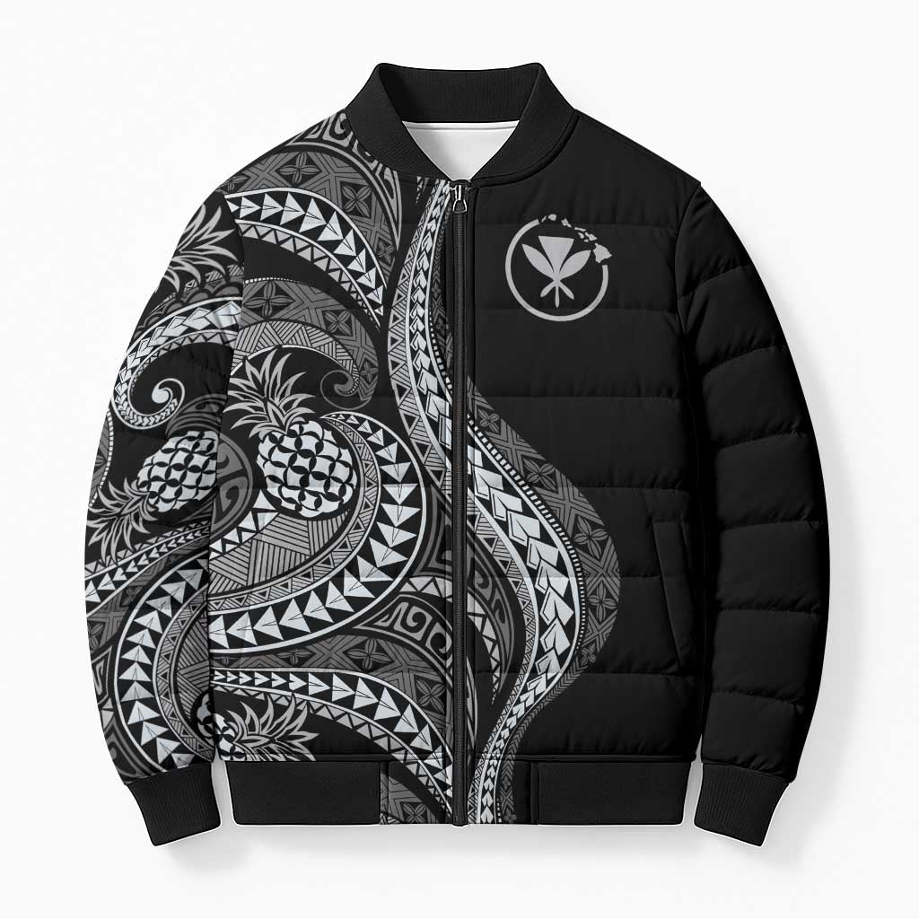 Hawaii Pineapple Gray Scale Tribal Pattern Bomber Puffer Jacket - Polynesian Pride