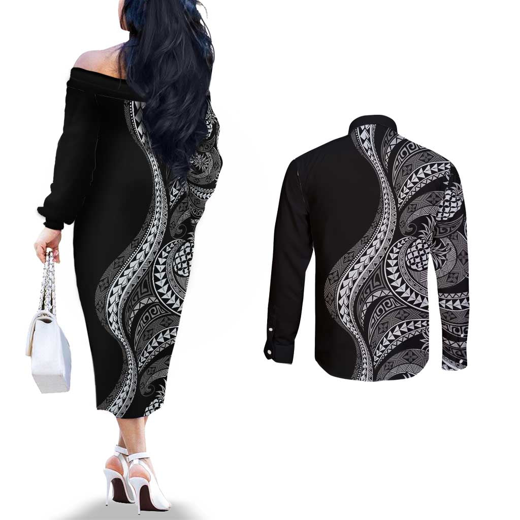 Hawaii Pineapple Gray Scale Tribal Pattern Couples Matching Off The Shoulder Long Sleeve Dress and Long Sleeve Button Shirt - Polynesian Pride