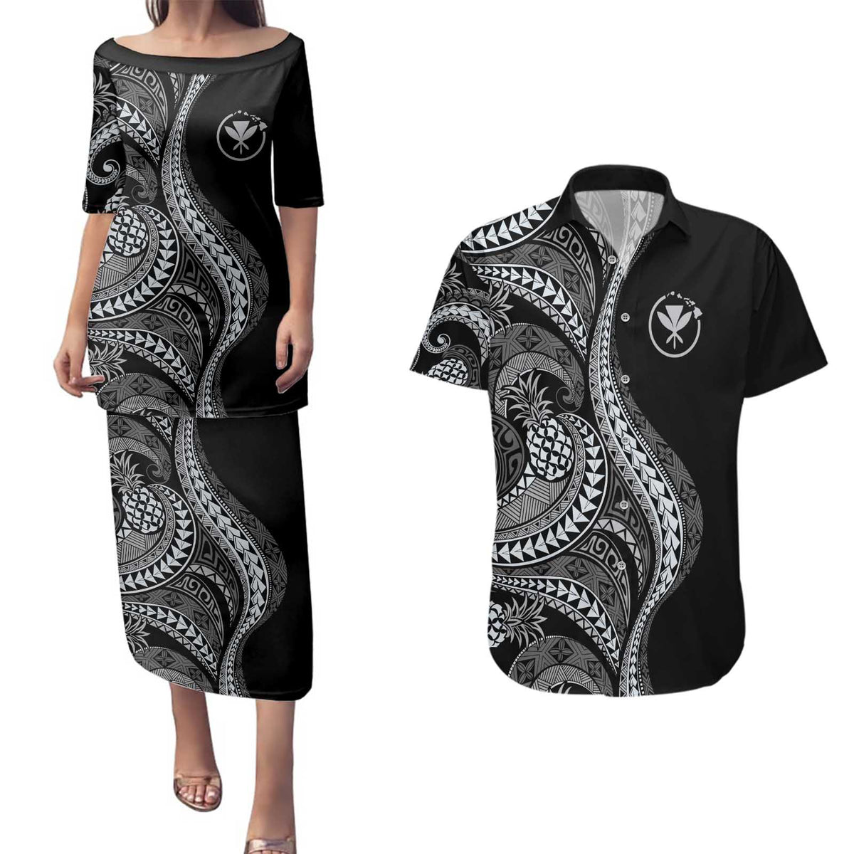 Hawaii Pineapple Gray Scale Tribal Pattern Couples Matching Puletasi and Hawaiian Shirt - Polynesian Pride