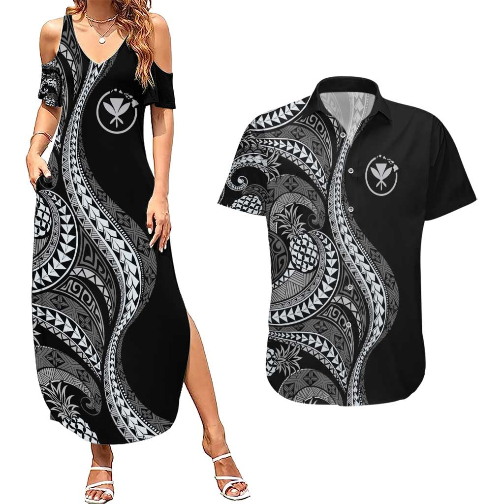 Hawaii Pineapple Gray Scale Tribal Pattern Couples Matching Summer Maxi Dress and Hawaiian Shirt - Polynesian Pride