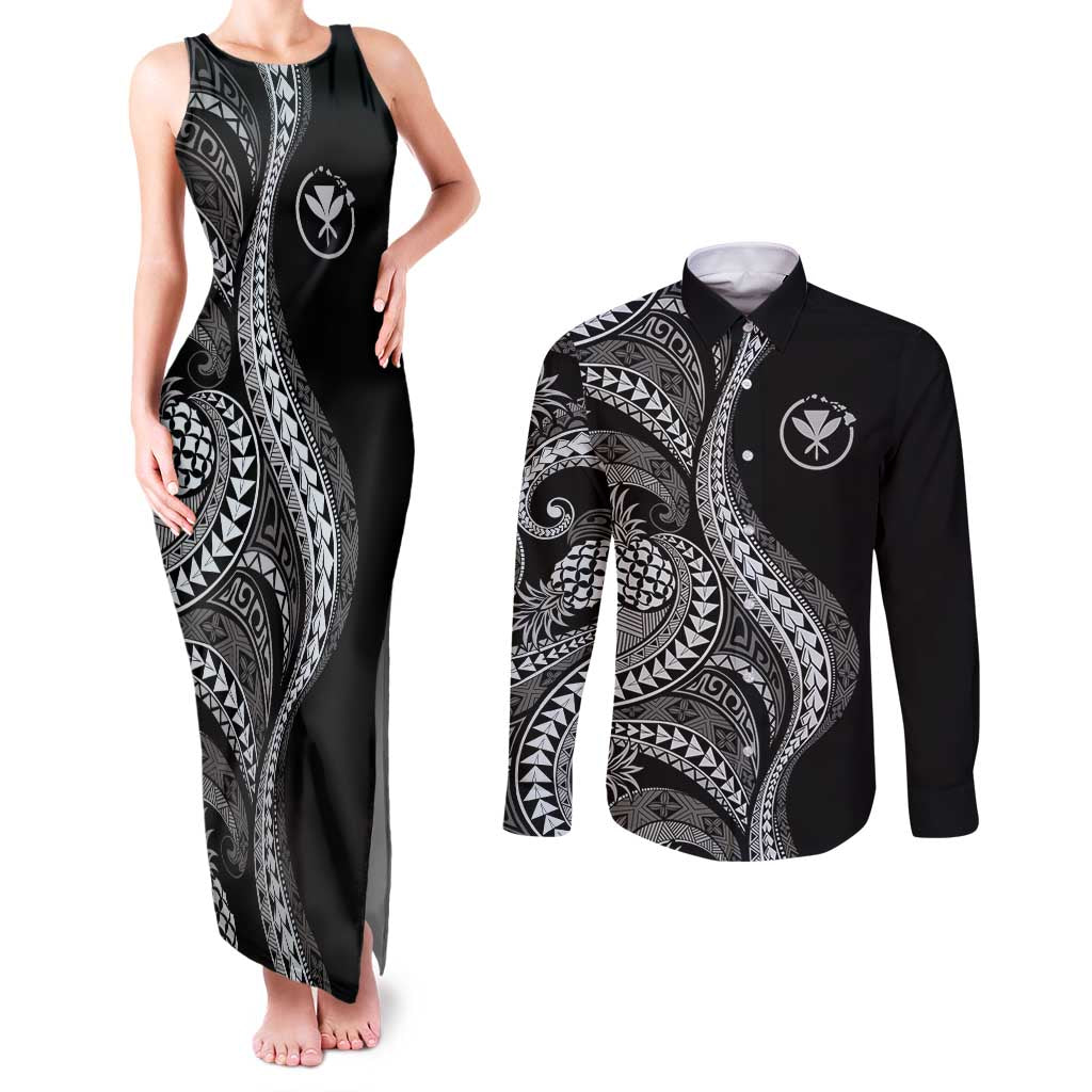 Hawaii Pineapple Gray Scale Tribal Pattern Couples Matching Tank Maxi Dress and Long Sleeve Button Shirt LT01 Black - Polynesian Pride