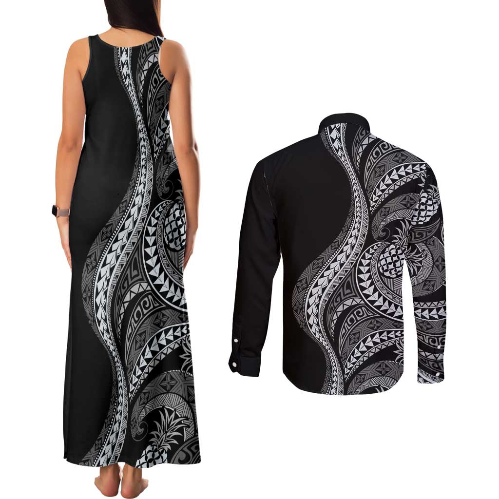 Hawaii Pineapple Gray Scale Tribal Pattern Couples Matching Tank Maxi Dress and Long Sleeve Button Shirt LT01 - Polynesian Pride