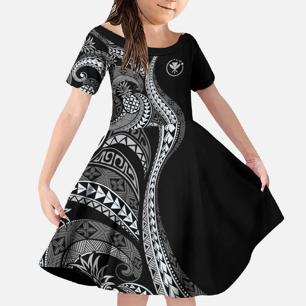 Hawaii Pineapple Gray Scale Tribal Pattern Family Matching Long Sleeve Bodycon Dress and Hawaiian Shirt - Polynesian Pride