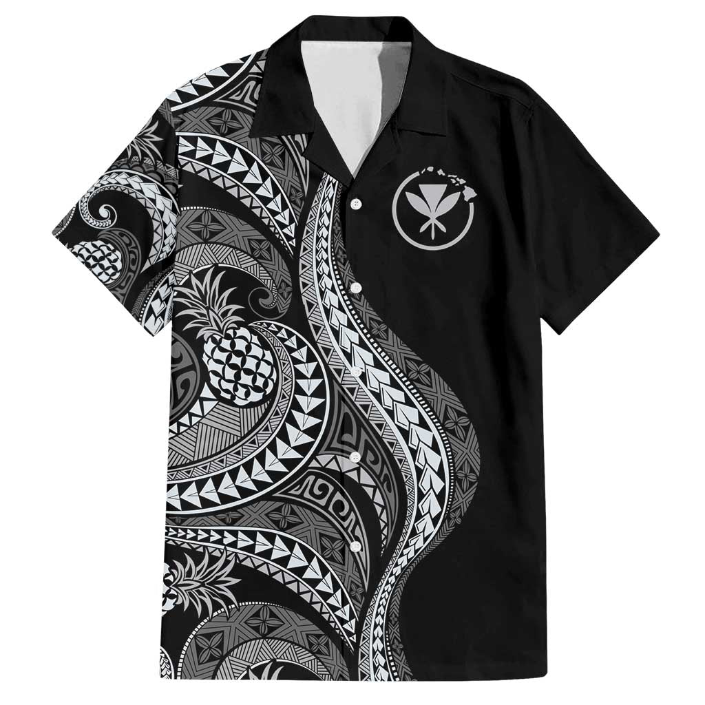 Hawaii Pineapple Gray Scale Tribal Pattern Family Matching Long Sleeve Bodycon Dress and Hawaiian Shirt - Polynesian Pride