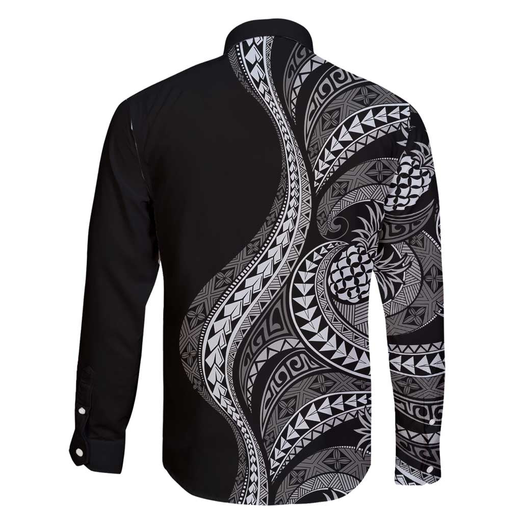 Hawaii Pineapple Gray Scale Tribal Pattern Family Matching Long Sleeve Bodycon Dress and Hawaiian Shirt - Polynesian Pride