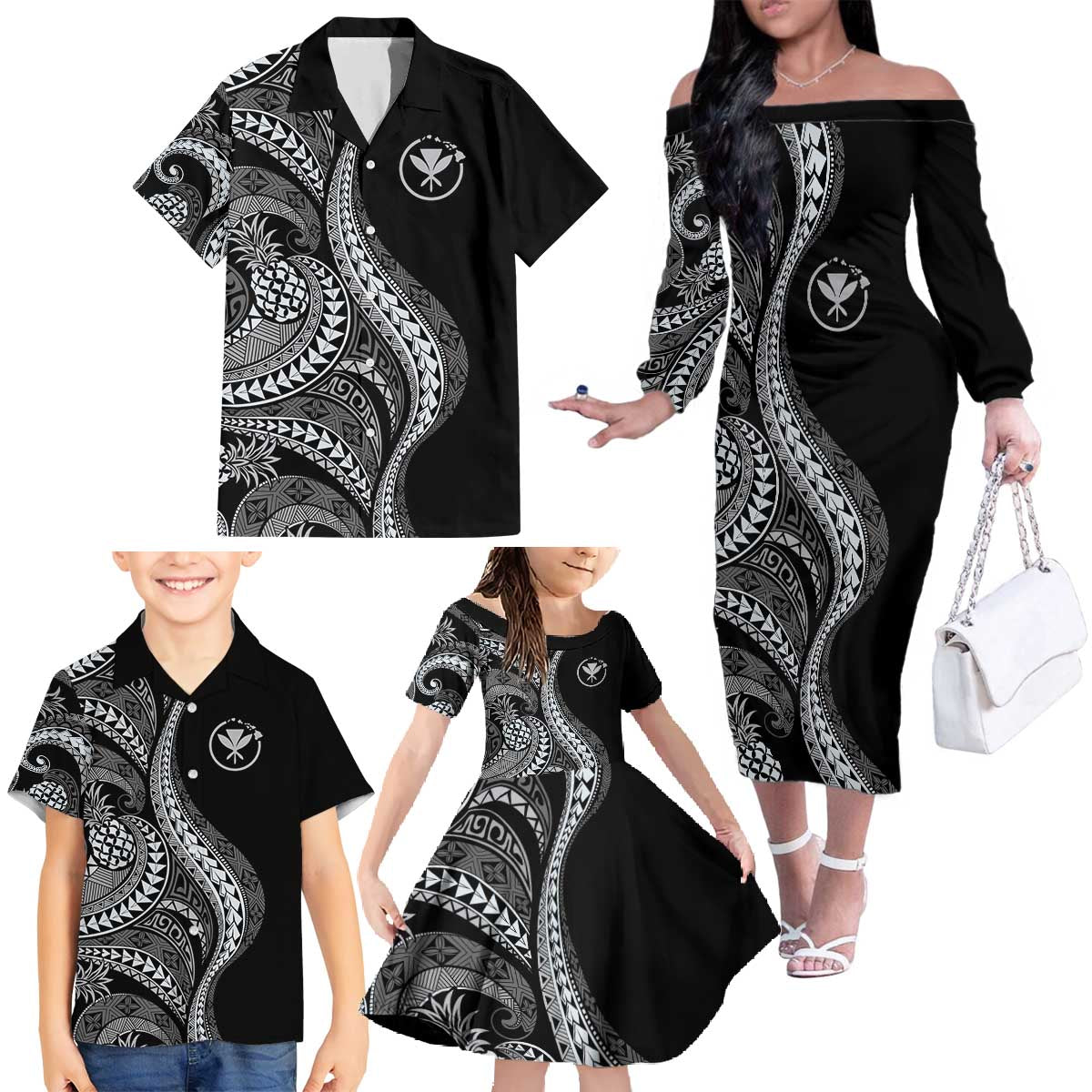 Hawaii Pineapple Gray Scale Tribal Pattern Family Matching Off The Shoulder Long Sleeve Dress and Hawaiian Shirt - Polynesian Pride