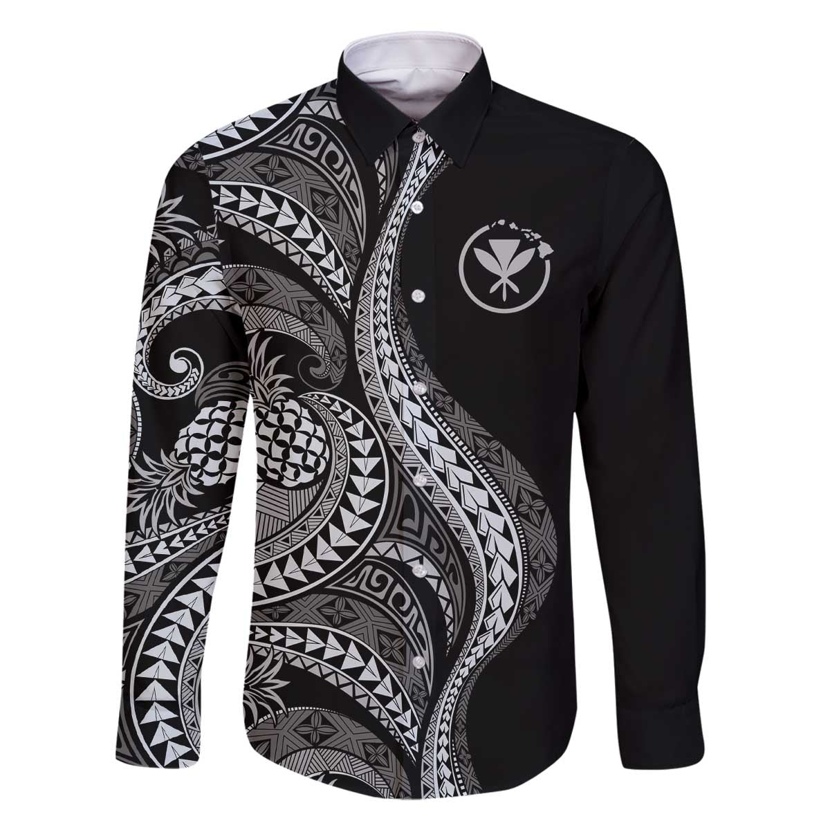 Hawaii Pineapple Gray Scale Tribal Pattern Family Matching Off The Shoulder Long Sleeve Dress and Hawaiian Shirt - Polynesian Pride