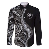 Hawaii Pineapple Gray Scale Tribal Pattern Family Matching Off The Shoulder Long Sleeve Dress and Hawaiian Shirt - Polynesian Pride
