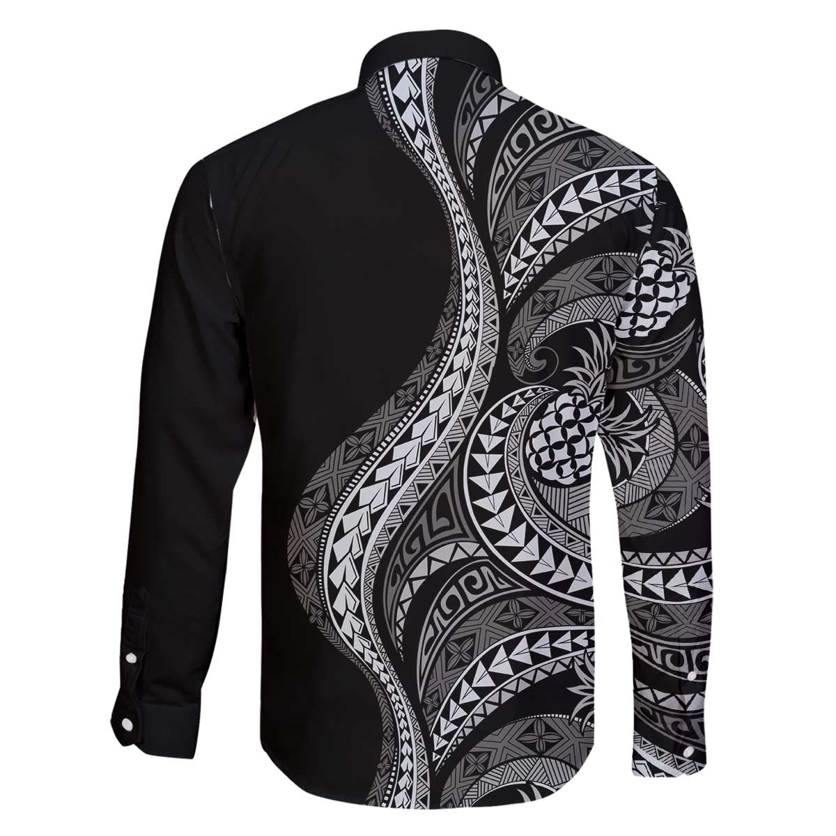 Hawaii Pineapple Gray Scale Tribal Pattern Family Matching Off The Shoulder Long Sleeve Dress and Hawaiian Shirt - Polynesian Pride