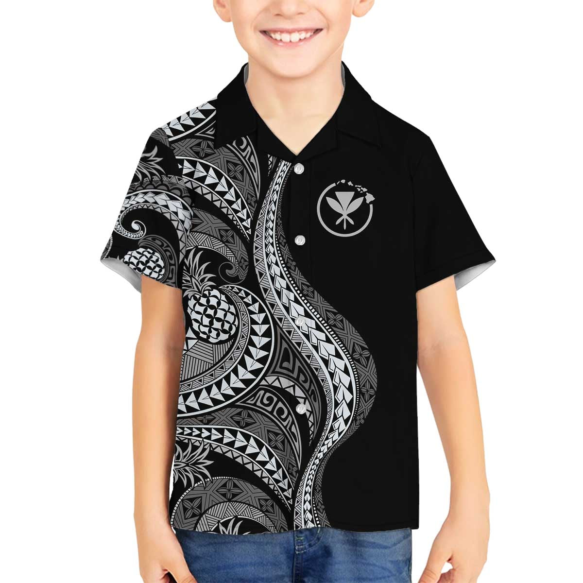 Hawaii Pineapple Gray Scale Tribal Pattern Family Matching Off The Shoulder Long Sleeve Dress and Hawaiian Shirt - Polynesian Pride