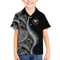 Hawaii Pineapple Gray Scale Tribal Pattern Family Matching Off The Shoulder Long Sleeve Dress and Hawaiian Shirt - Polynesian Pride