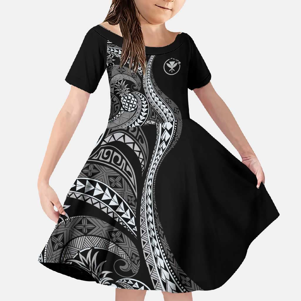 Hawaii Pineapple Gray Scale Tribal Pattern Family Matching Off Shoulder Maxi Dress and Hawaiian Shirt LT01 Daughter's Dress Black - Polynesian Pride