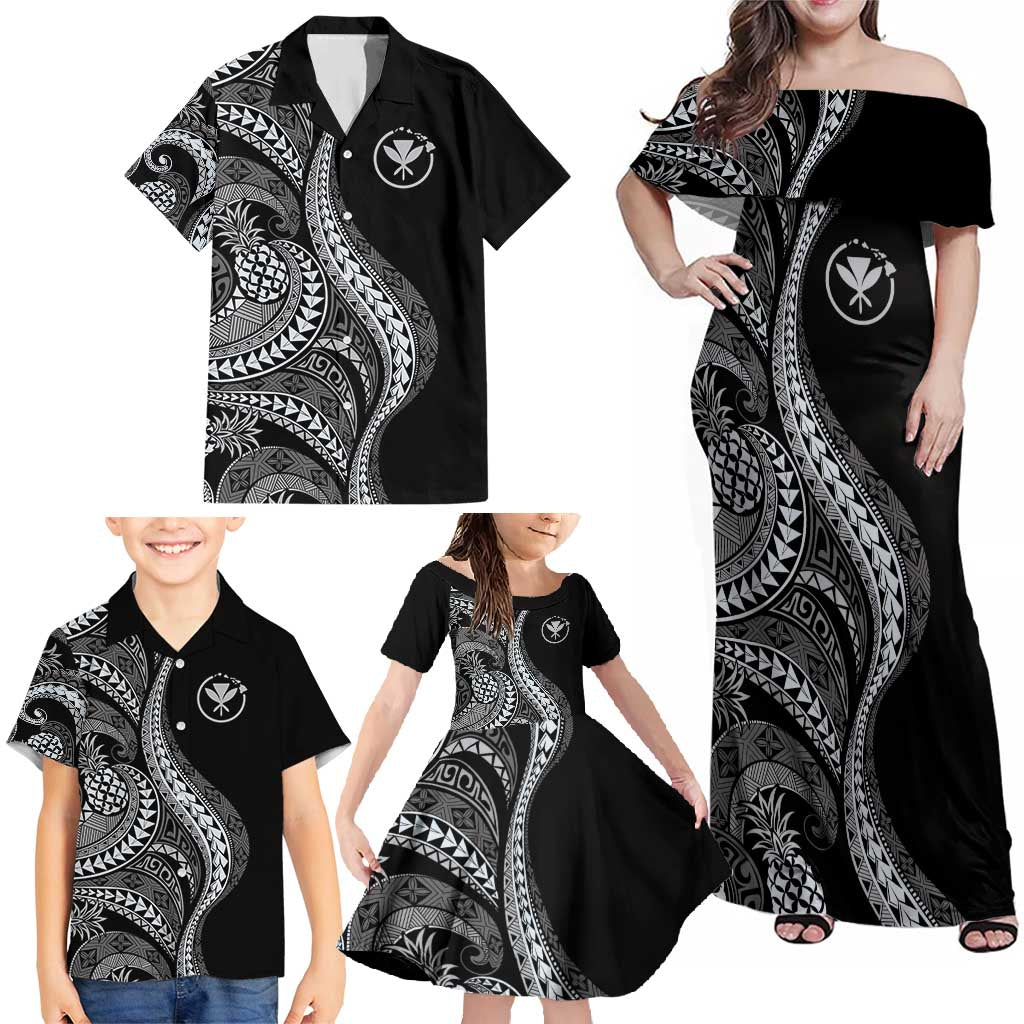Hawaii Pineapple Gray Scale Tribal Pattern Family Matching Off Shoulder Maxi Dress and Hawaiian Shirt LT01 - Polynesian Pride
