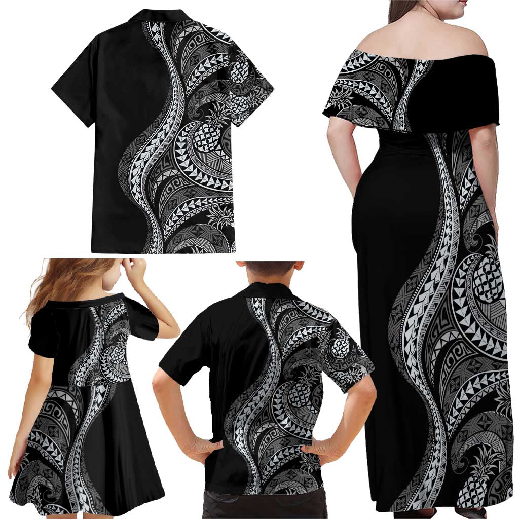 Hawaii Pineapple Gray Scale Tribal Pattern Family Matching Off Shoulder Maxi Dress and Hawaiian Shirt LT01 - Polynesian Pride