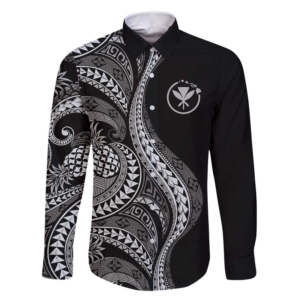 Hawaii Pineapple Gray Scale Tribal Pattern Family Matching Off Shoulder Maxi Dress and Hawaiian Shirt LT01 Dad's Shirt - Long Sleeve Black - Polynesian Pride