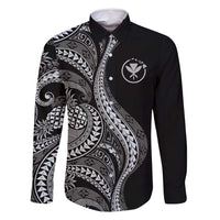Hawaii Pineapple Gray Scale Tribal Pattern Family Matching Off Shoulder Maxi Dress and Hawaiian Shirt LT01 Dad's Shirt - Long Sleeve Black - Polynesian Pride