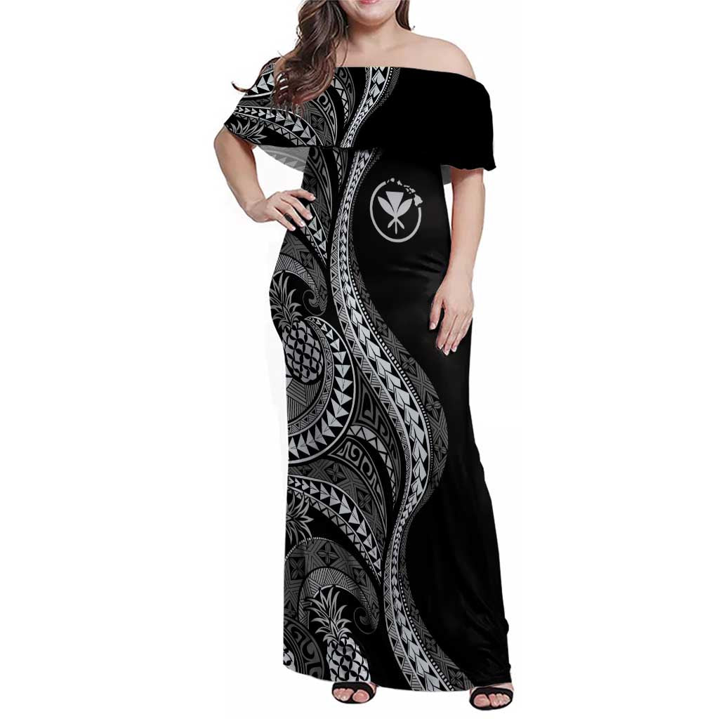 Hawaii Pineapple Gray Scale Tribal Pattern Family Matching Off Shoulder Maxi Dress and Hawaiian Shirt LT01 Mom's Dress Black - Polynesian Pride