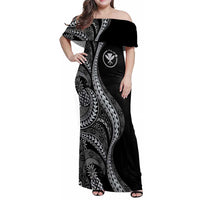 Hawaii Pineapple Gray Scale Tribal Pattern Family Matching Off Shoulder Maxi Dress and Hawaiian Shirt LT01 Mom's Dress Black - Polynesian Pride