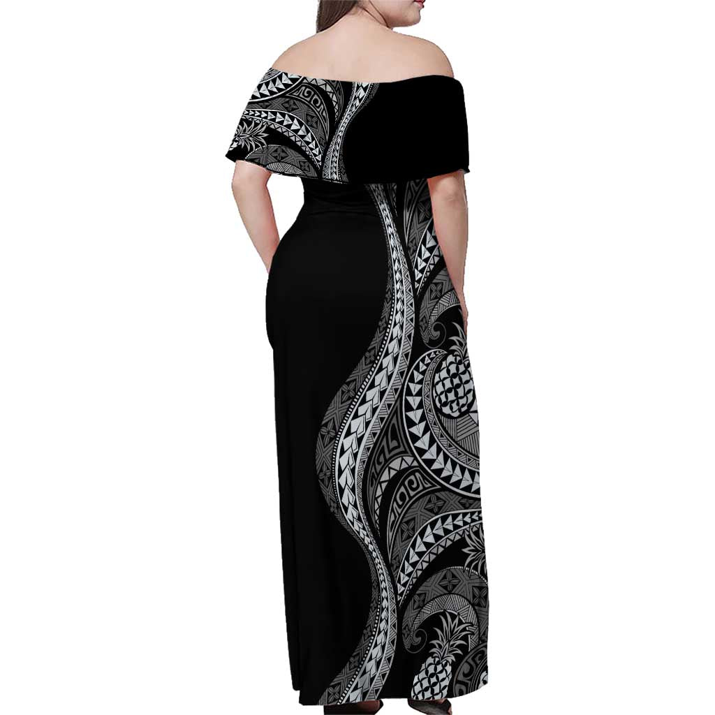 Hawaii Pineapple Gray Scale Tribal Pattern Family Matching Off Shoulder Maxi Dress and Hawaiian Shirt LT01 - Polynesian Pride